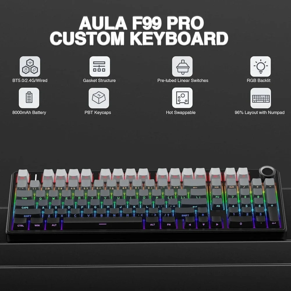 AULA F99 Pro Wireless Mechanical Keyboard Knob Tri-Mode Hot-Swap RGB‎ PBT Black